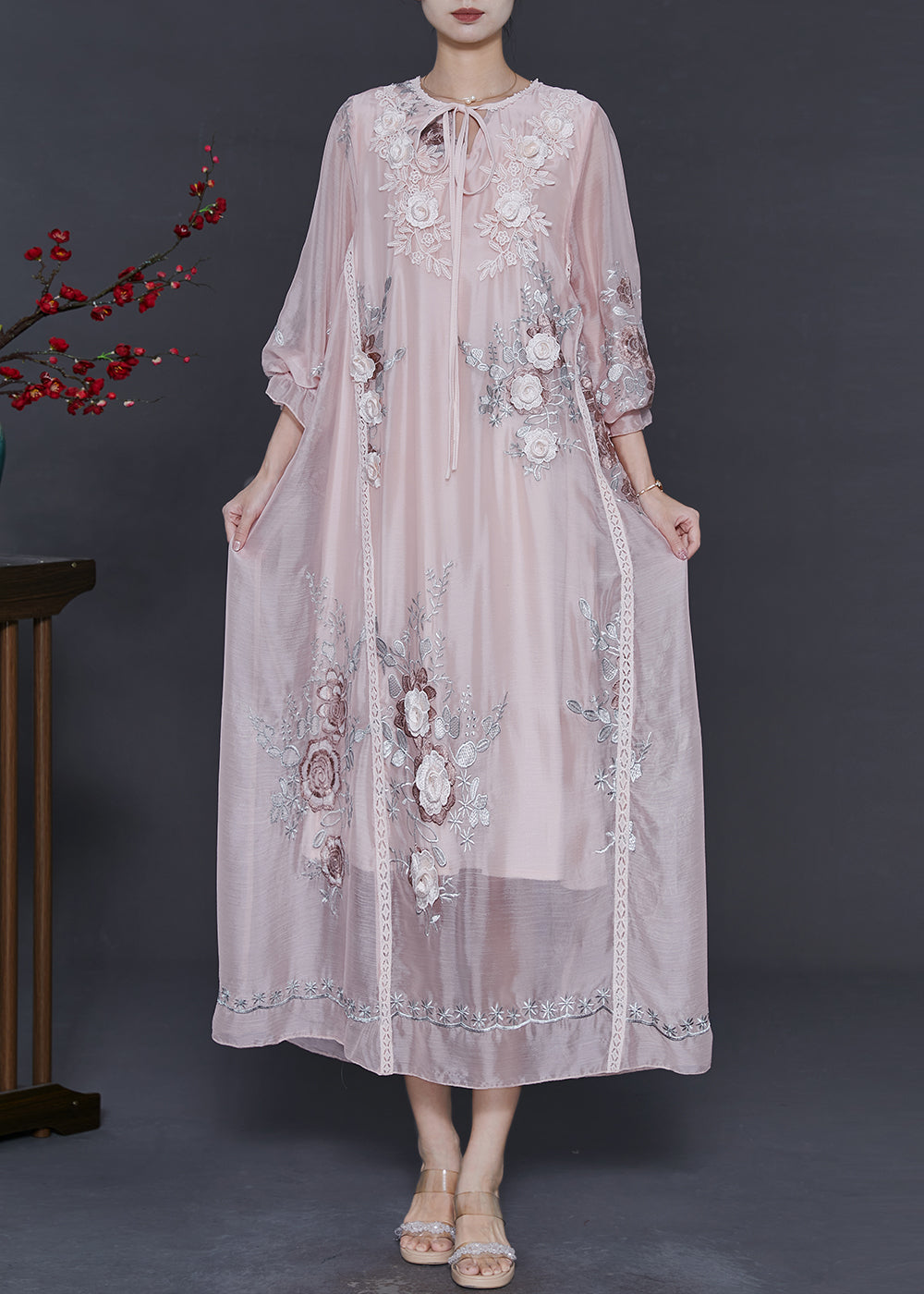 Beautiful Light Pink Embroidered Silk Holiday Dress Spring