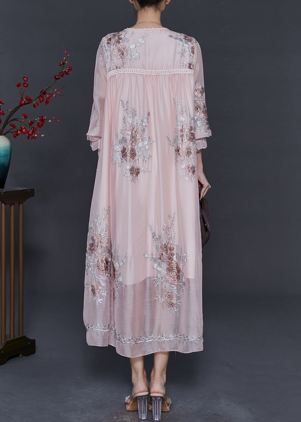 Beautiful Light Pink Embroidered Silk Holiday Dress Spring