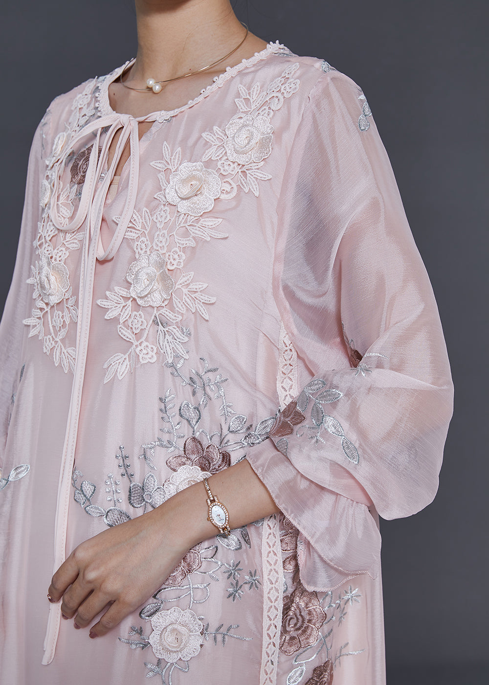 Beautiful Light Pink Embroidered Silk Holiday Dress Spring