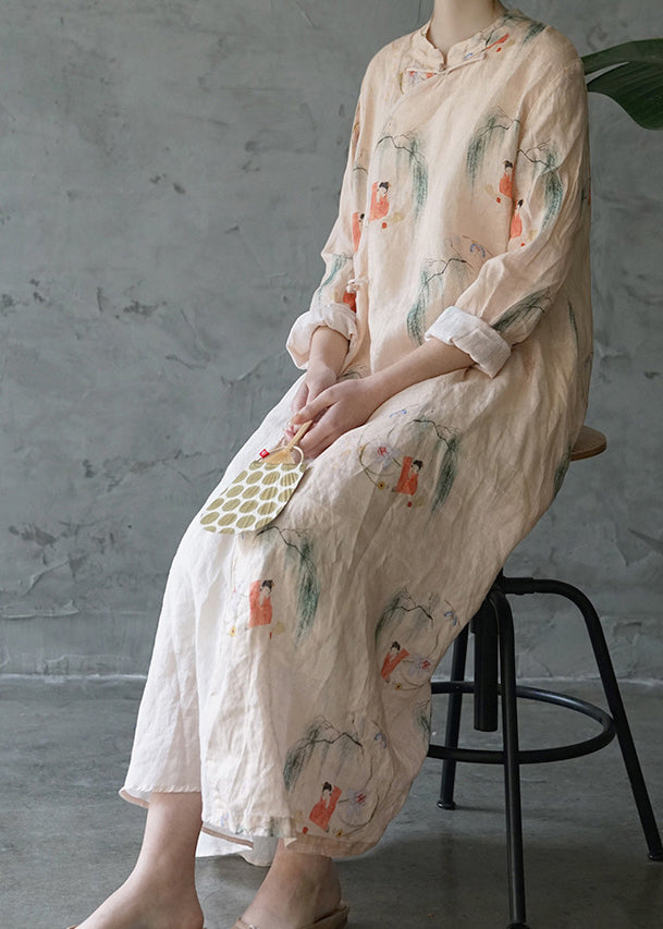 Beautiful Light Pink Mandarin Collar Print Patchwork Linen Long Dress Long Sleeve