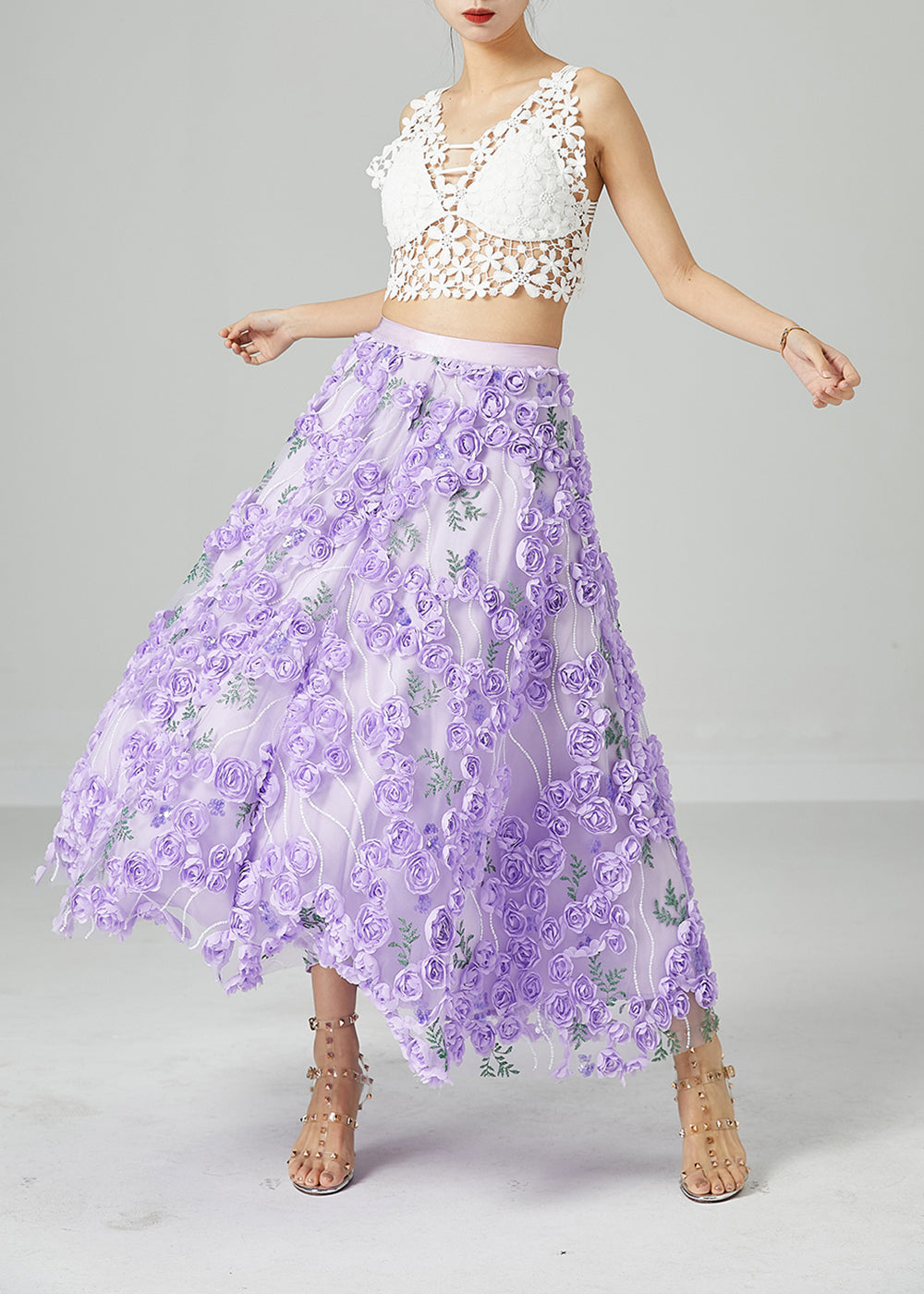 Beautiful Light Purple Embroideried Floral Tulle Skirts Summer