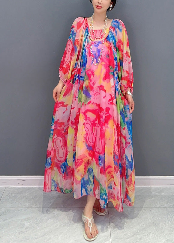 Beautiful Multicolor Square Collar Print Chiffon Maxi Dress Long Sleeve