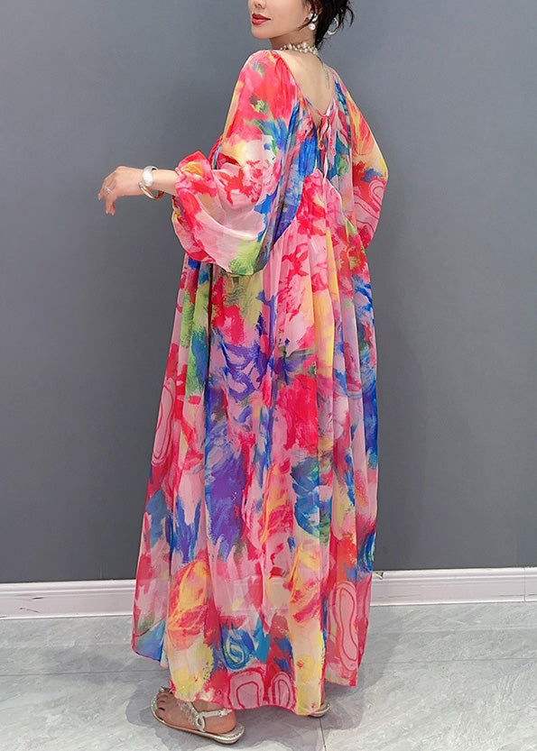 Beautiful Multicolor Square Collar Print Chiffon Maxi Dress Long Sleeve