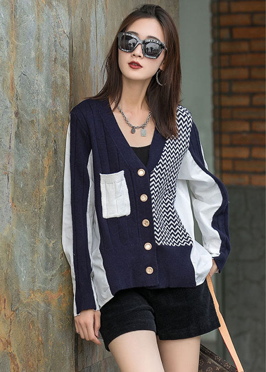 Beautiful Navy Patchwork Asymmetrical Design Button Fall Long Sleeve Top