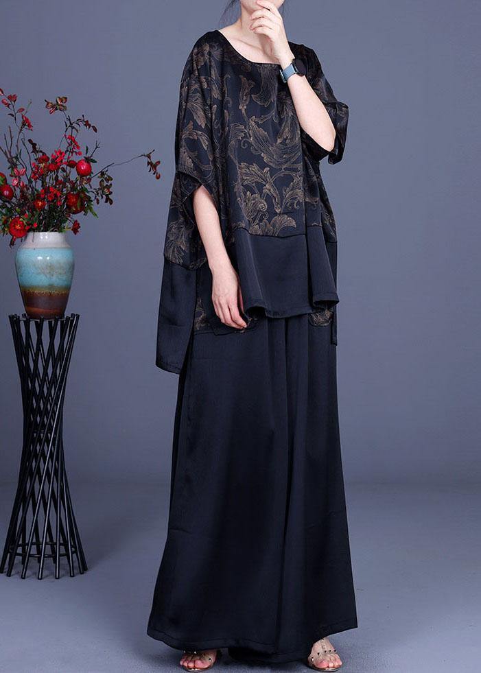 Beautiful Navy Print Patchwork long smock Wide Leg Chiffon Two Pieces Set