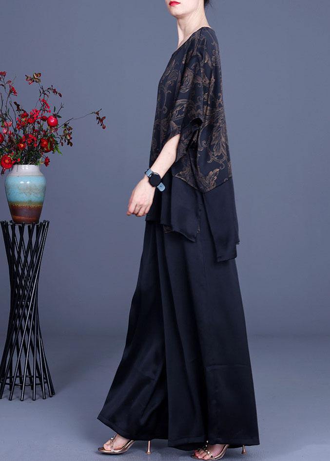 Beautiful Navy Print Patchwork long smock Wide Leg Chiffon Two Pieces Set