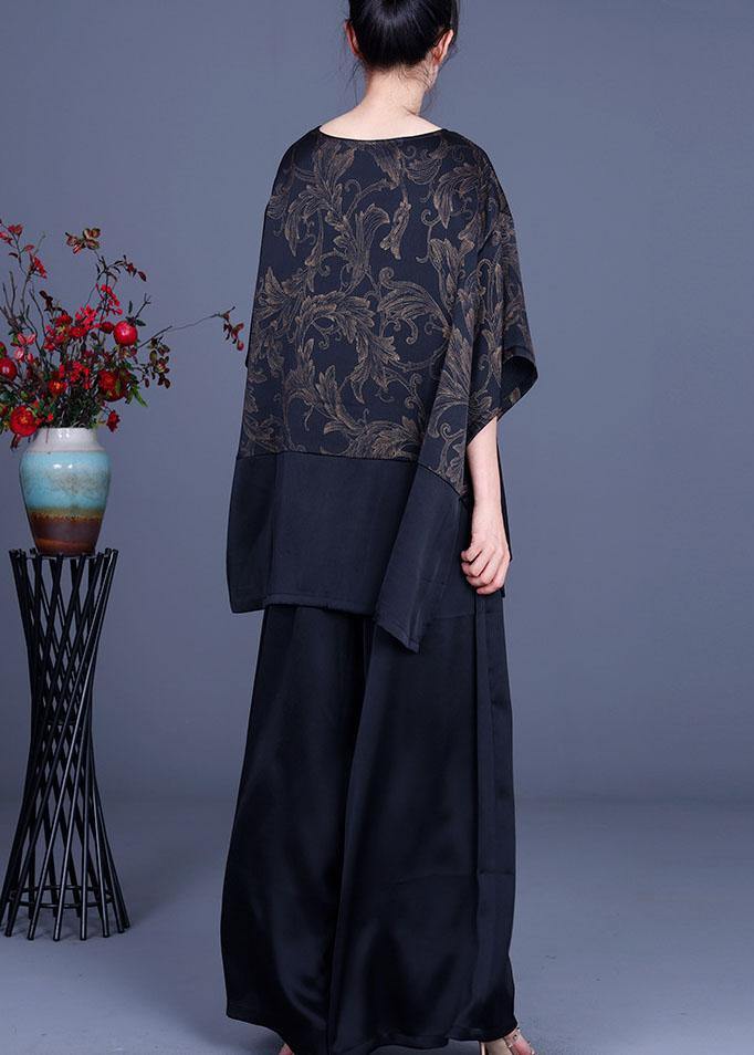 Beautiful Navy Print Patchwork long smock Wide Leg Chiffon Two Pieces Set