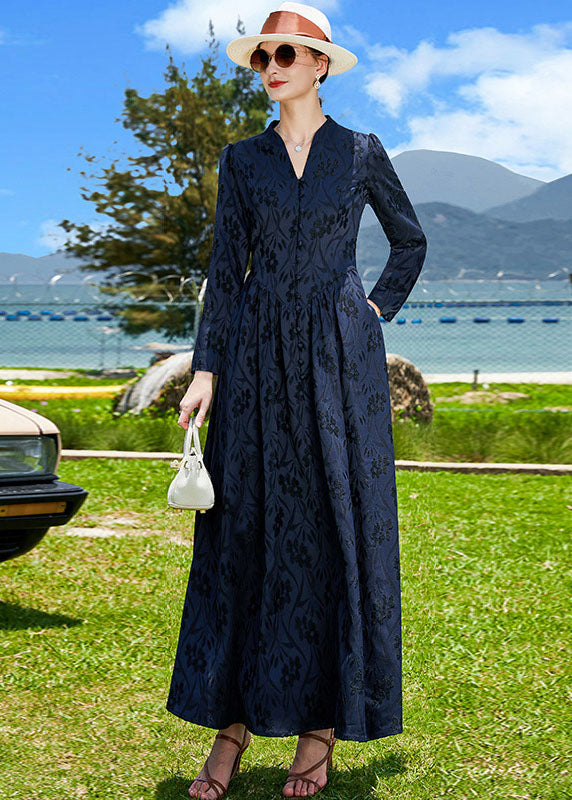 Beautiful Navy V Neck Jacquard Wrinkled Silk A Line Dress Fall