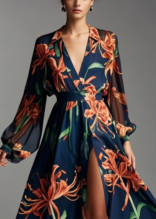 Beautiful Navy V Neck Print Chiffon Beach Dresses Spring