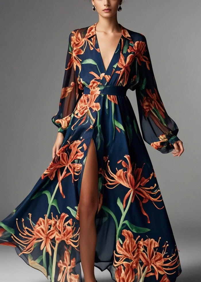 Beautiful Navy V Neck Print Chiffon Beach Dresses Spring