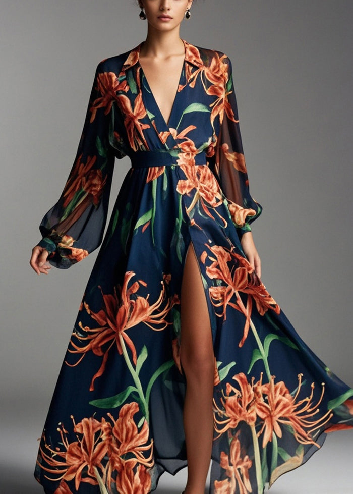 Beautiful Navy V Neck Print Chiffon Beach Dresses Spring