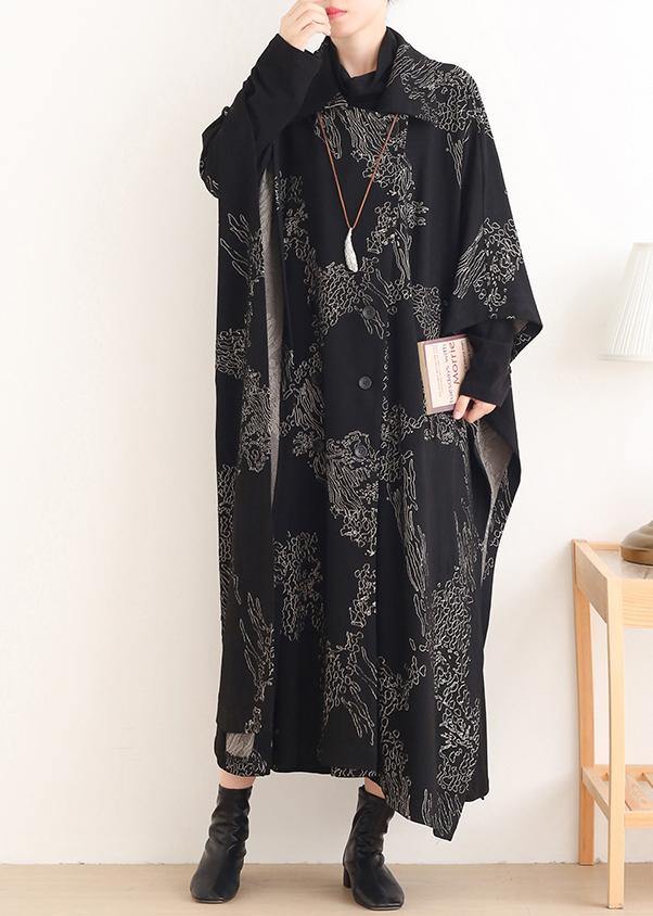 Beautiful Notched asymmetric Plus Size coats women black print silhouette coats