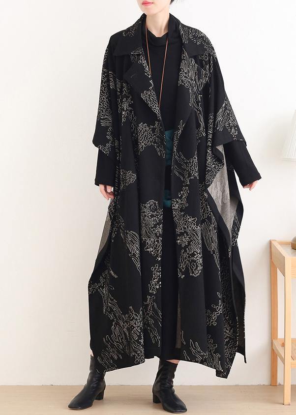 Beautiful Notched asymmetric Plus Size coats women black print silhouette coats