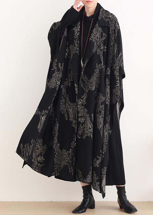 Beautiful Notched asymmetric Plus Size coats women black print silhouette coats