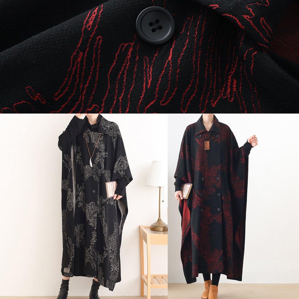 Beautiful Notched asymmetric Plus Size coats women black print silhouette coats