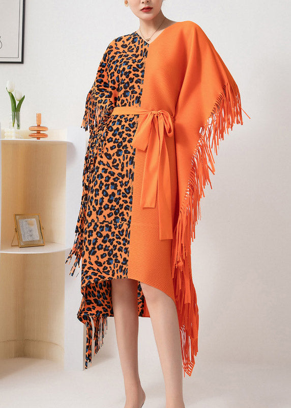 Beautiful Orange Asymmetrical Design Patchwork Tie Waist Tassel Long Dress Fall