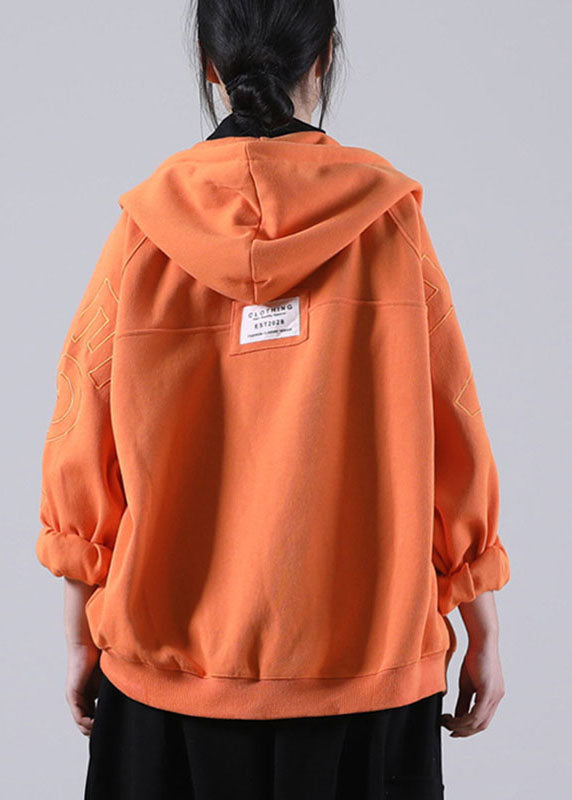 Beautiful Orange Hooded Zippered Pockets Fall Coat Long sleeve