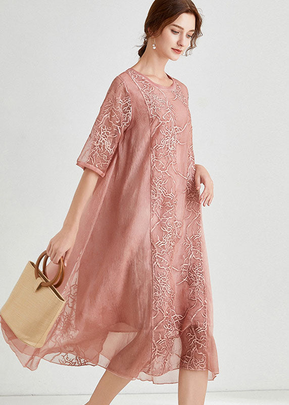 Beautiful Pink Embroideried Patchwork Chiffon Dress Half Sleeve