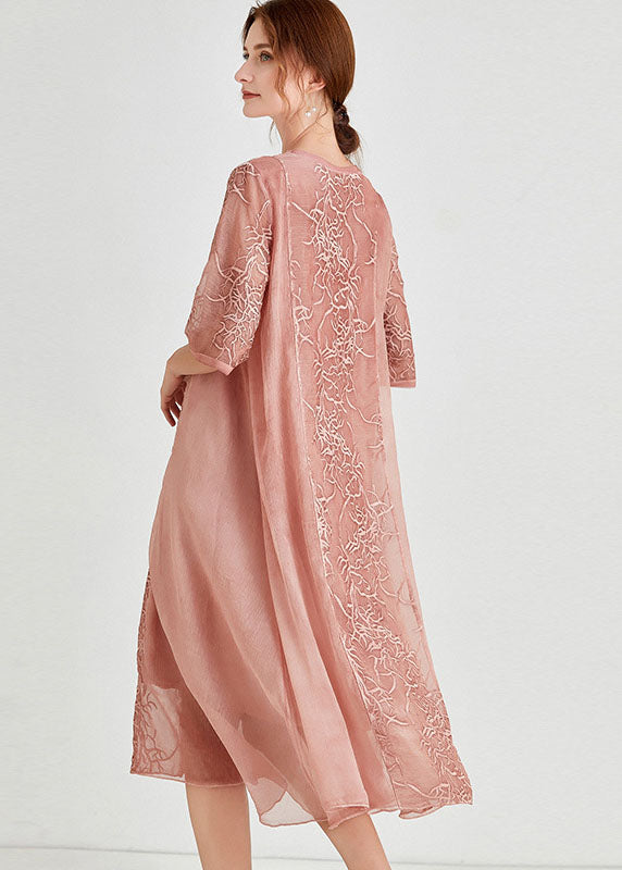 Beautiful Pink Embroideried Patchwork Chiffon Dress Half Sleeve