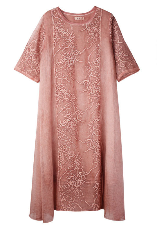 Beautiful Pink Embroideried Patchwork Chiffon Dress Half Sleeve