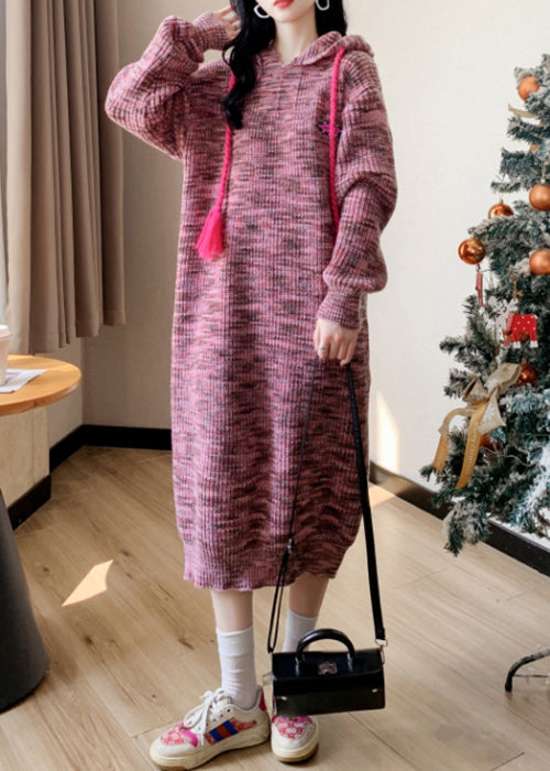 Beautiful Pink Lace Up Patchwork Cotton Knit Long Dress Winter