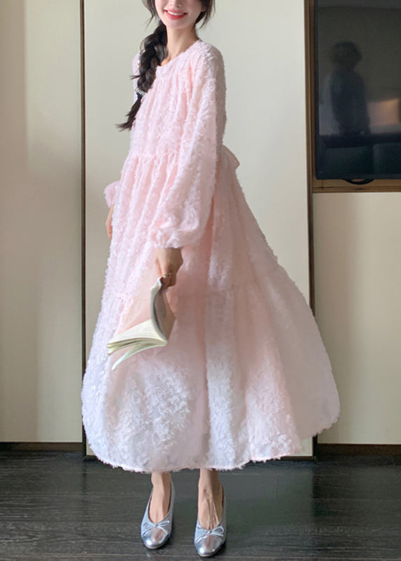 Beautiful Pink O-Neck Patchwork Lace Long Dress Spring