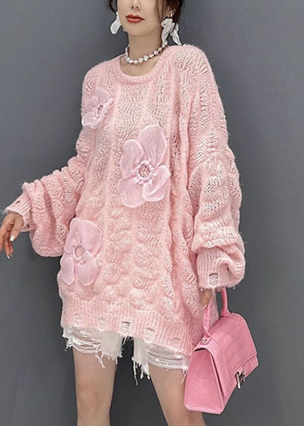 Beautiful Pink Oversized Hollow Out Applique Knit Sweater Tops Winter