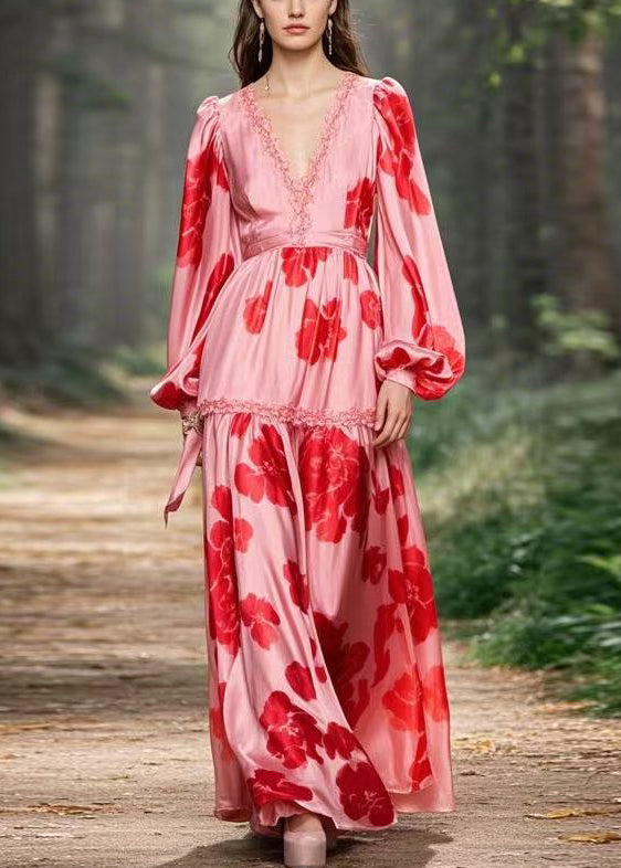 Beautiful Pink Ruffled Print Chiffon Long Dress Spring