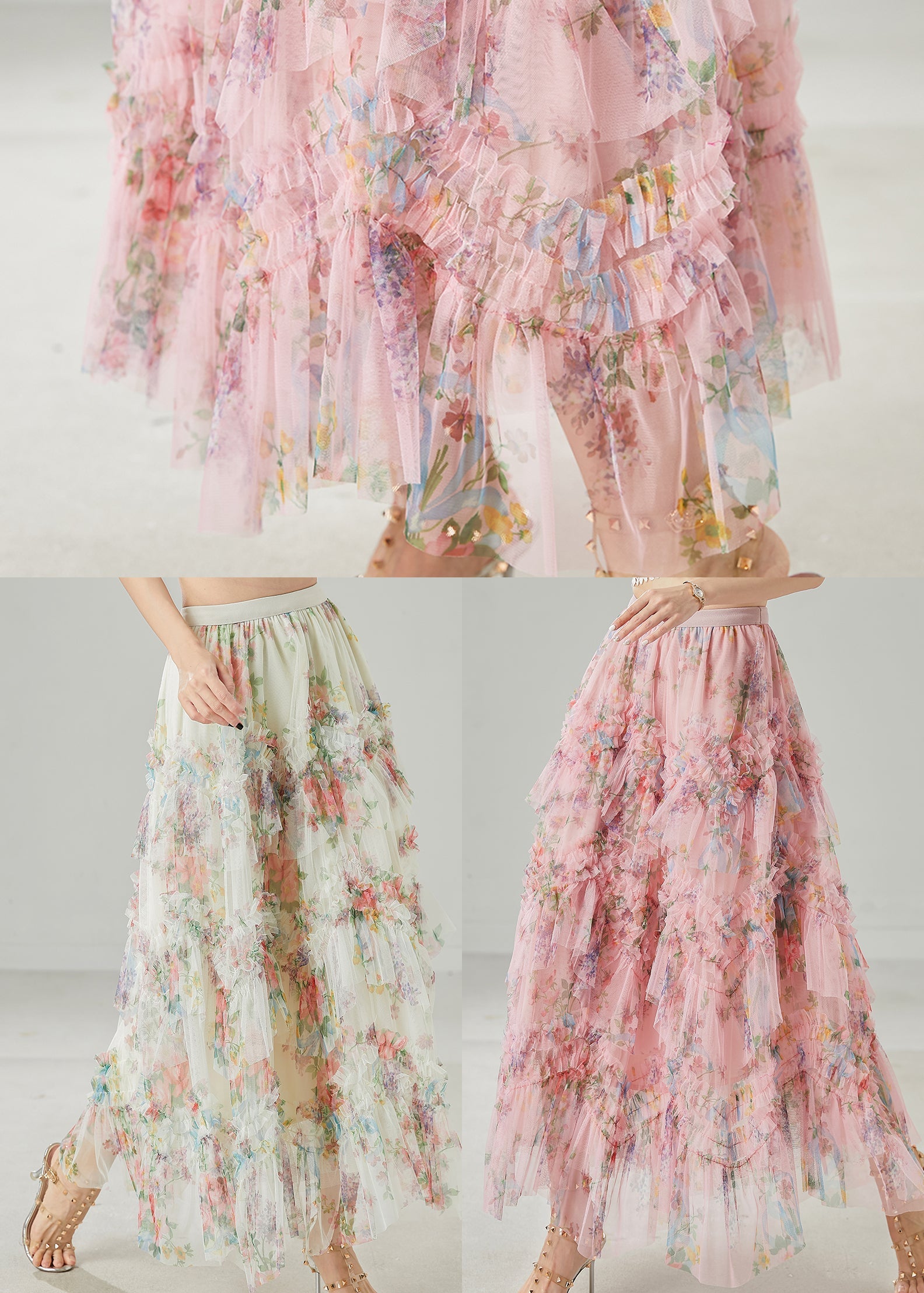 Beautiful Pink Ruffled Print Tulle Holiday Skirt Summer