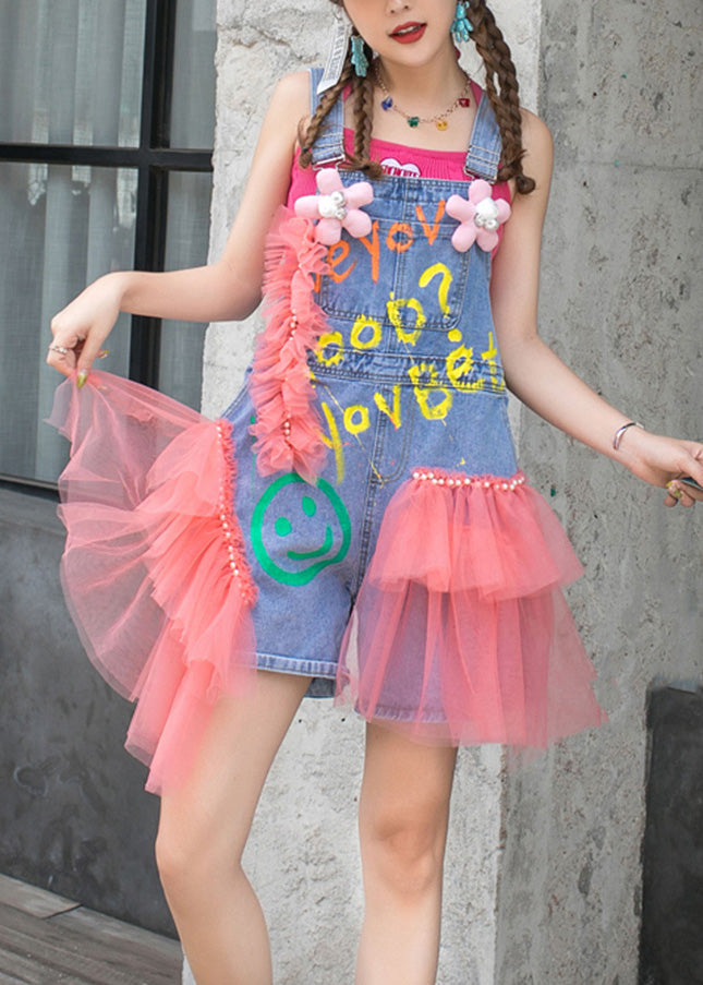 Beautiful Pink Slash Neck Organza Patchwork Tassel Denim Jumpsuit Summer