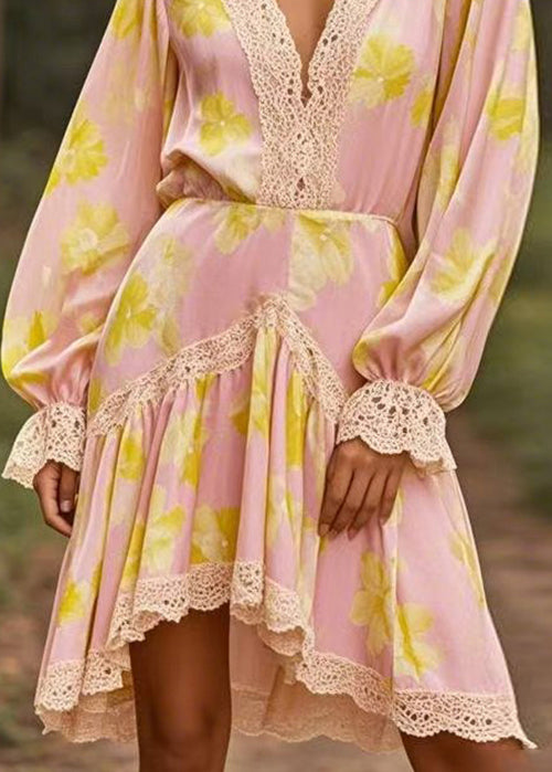 Beautiful Pink V Neck Lace Wrinkled Patchwork Chiffon Mid Dress Spring