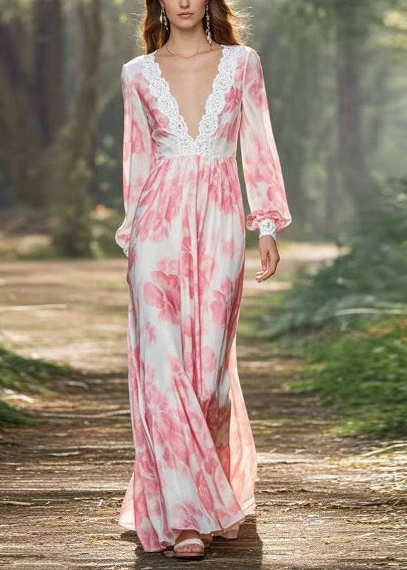 Beautiful Pink V Neck Print Chiffon Long Dresses Spring