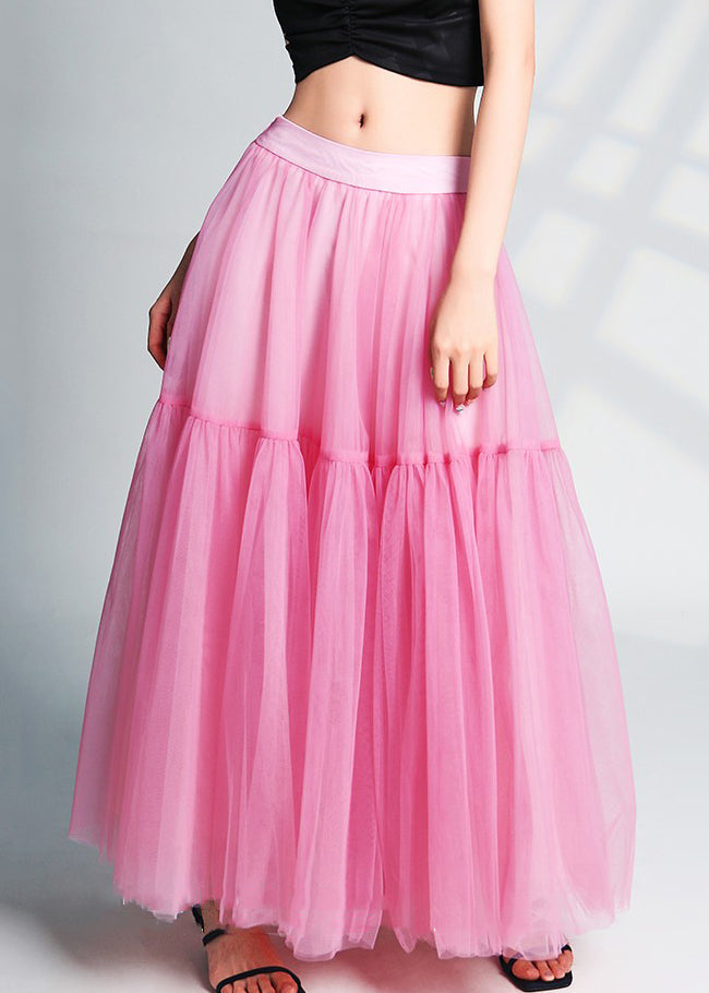 Beautiful Pink Wrinkled High Waist Tulle Skirts Summer