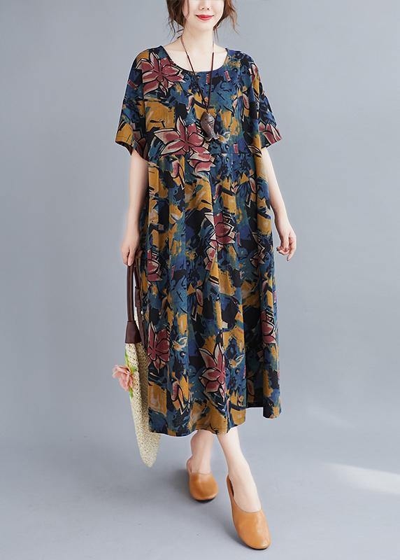 Beautiful Plant printing o neck Cinched Dresses summer Dress