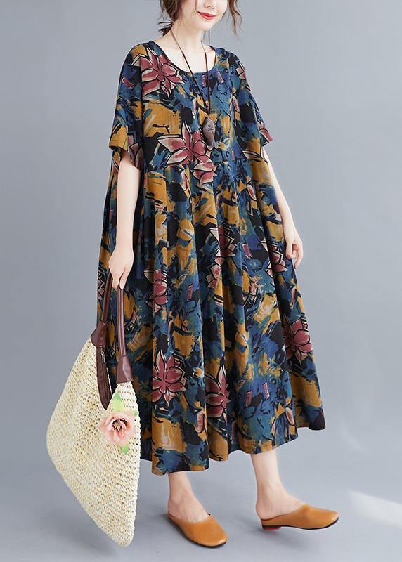 Beautiful Plant printing o neck Cinched Dresses summer Dress