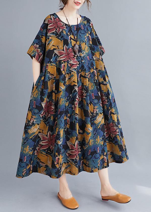 Beautiful Plant printing o neck Cinched Dresses summer Dress