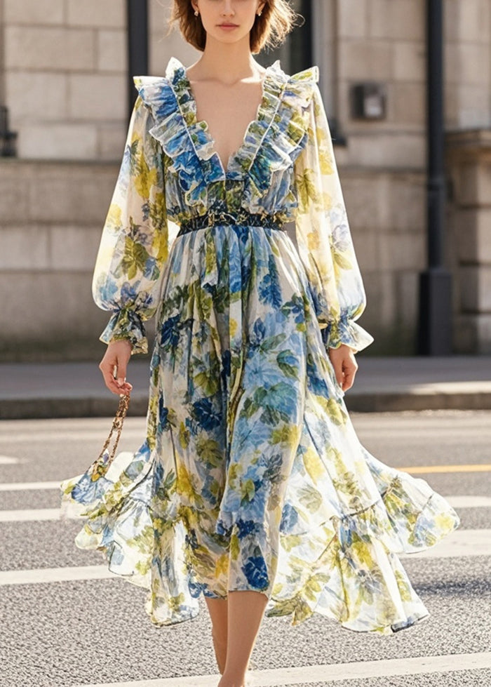 Beautiful Print Ruffled Silm Fit Chiffon Beach Dress Spring