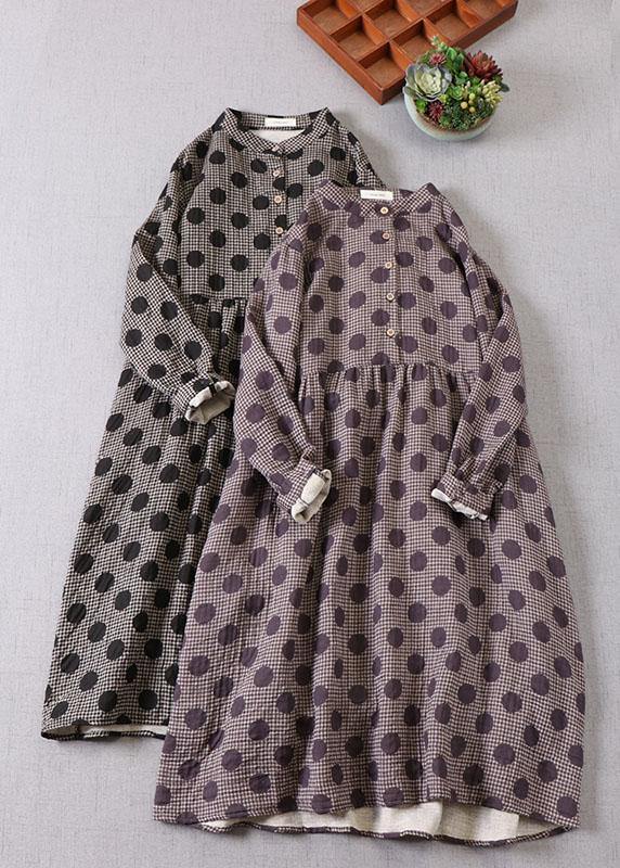 Beautiful Purple Button Patchwork Pockets Fall Print Party Dress Long sleeve