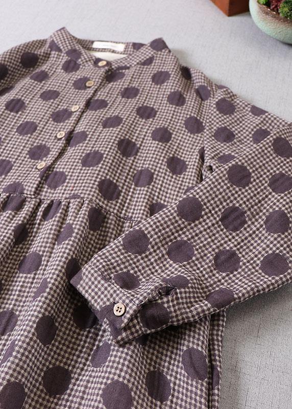 Beautiful Purple Button Patchwork Pockets Fall Print Party Dress Long sleeve