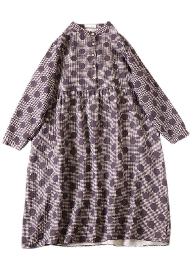 Beautiful Purple Button Patchwork Pockets Fall Print Party Dress Long sleeve