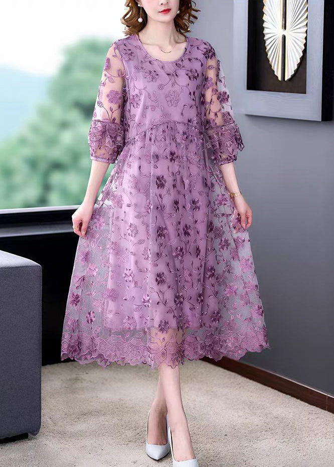 Beautiful Purple O-Neck Embroideried Tulle Long Dresses Half Sleeve