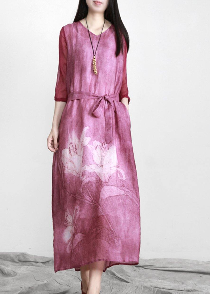 Beautiful Purple Print Linen Tunic Maxi Dresses