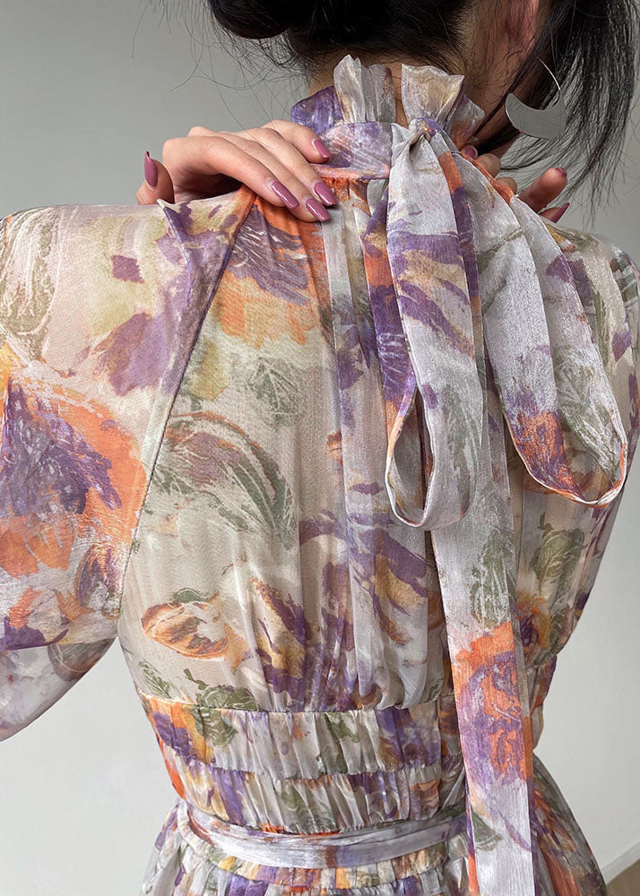 Beautiful Purple Stand Collar Wrinkled Print Silk Maxi Dresses Lantern Sleeve