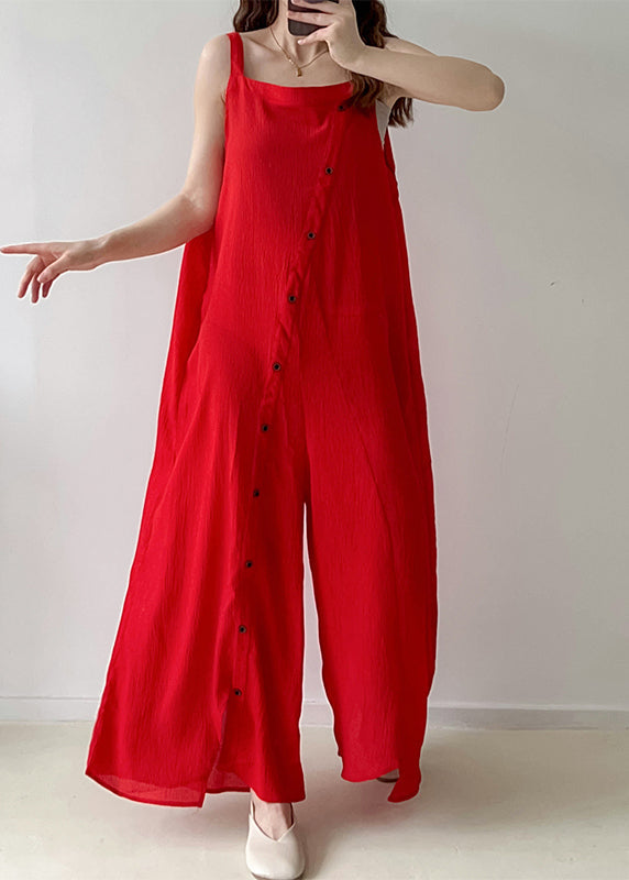 Beautiful Red Asymmetrical Single Breaasted Chiffon Jumpsuits Fall