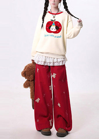 Beautiful Red Embroidered Patchwork Denim Pants Spring