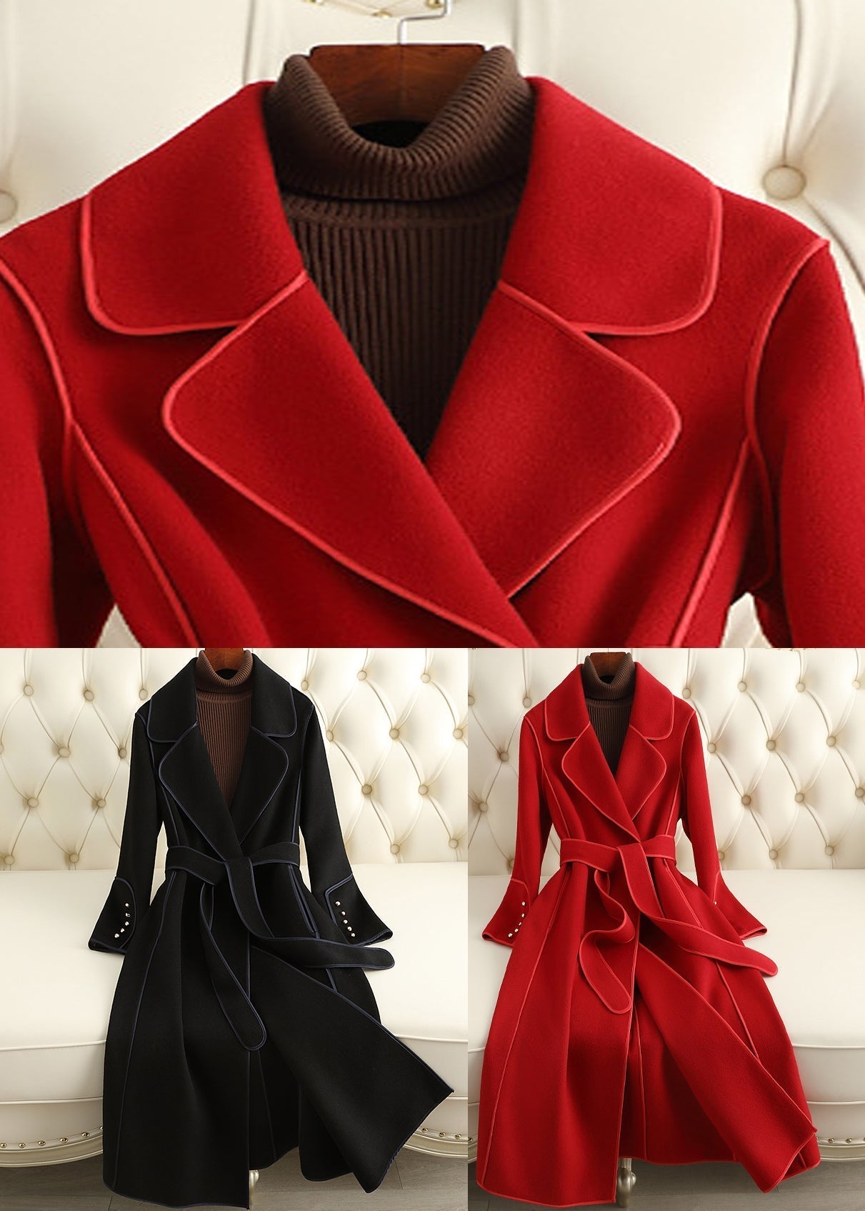 Beautiful Red Notched Tie Waist Woolen Long Coats Fall