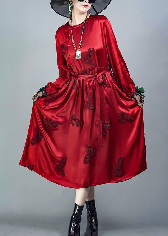 Beautiful Red O-Neck Tie Waist Silk Dresses Spring