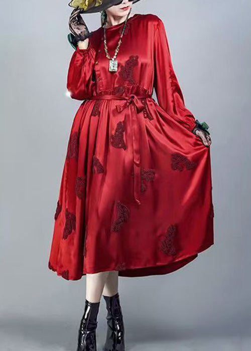 Beautiful Red O-Neck Tie Waist Silk Dresses Spring