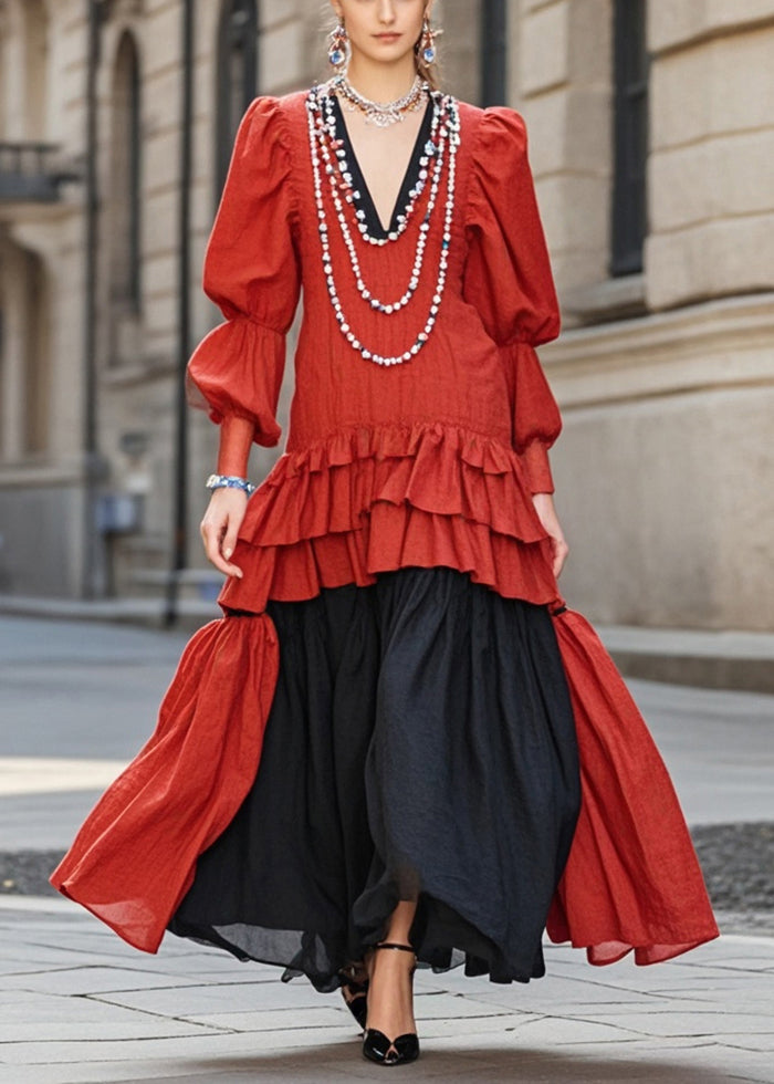 Beautiful Red Ruffled Patchwork Cotton Vacation Dresses Lantern Sleeve