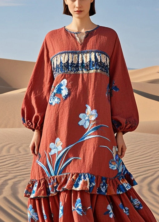 Beautiful Red Ruffled Patchwork Print Cotton Holiday Dress Spring